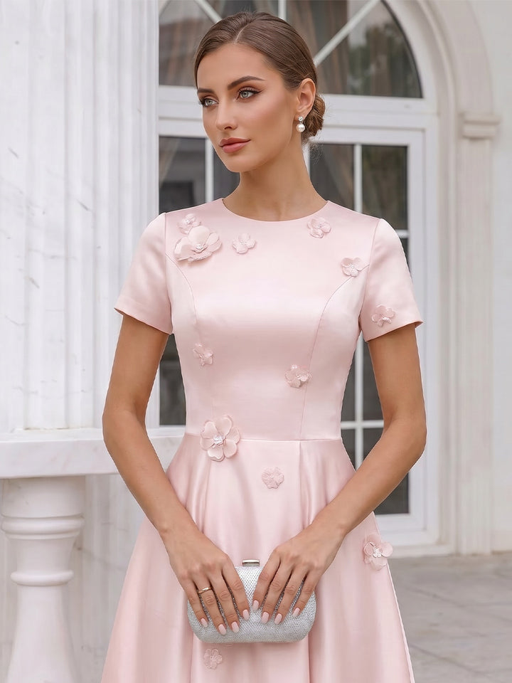A-Line/Princess Scoop Short Sleeves Tea-Length Cocktail Dresses With 3D Floral &amp; Pleats