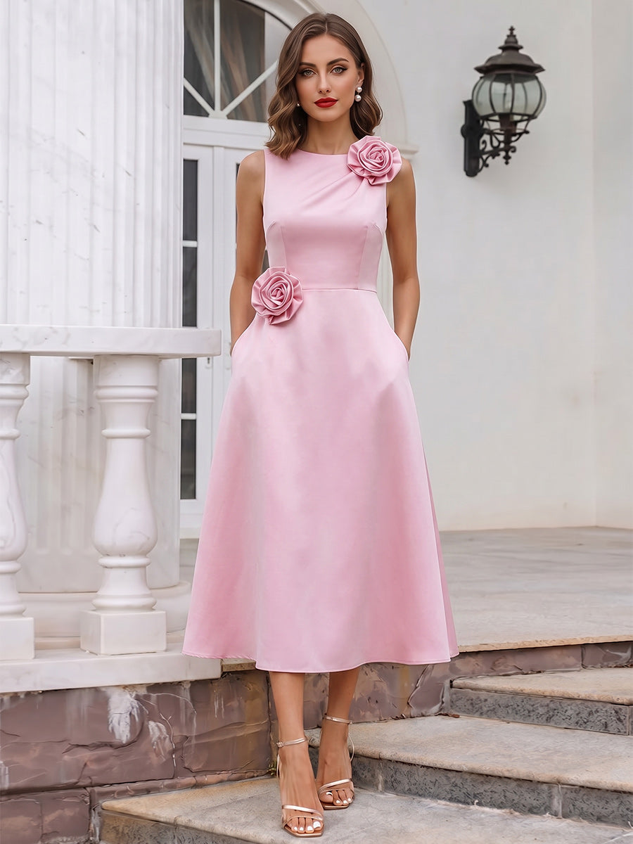 A-Line/Princess Scoop Sleeveless Tea-Length Cocktail Dresses With 3D Floral &amp; Pocket