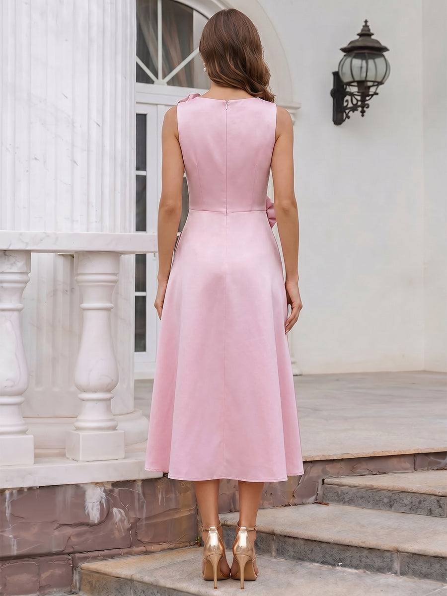 A-Line/Princess Scoop Sleeveless Tea-Length Cocktail Dresses With 3D Floral &amp; Pocket