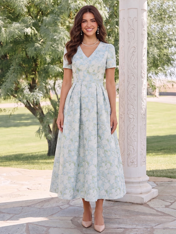 A-Line/Princess V Neck Short Sleeves Tea-Length Wedding Guest Dresses with Ruched