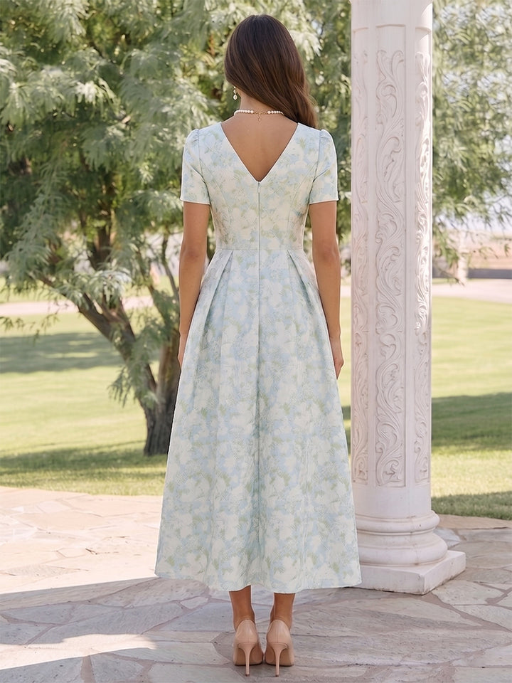 A-Line/Princess V Neck Short Sleeves Tea-Length Wedding Guest Dresses with Ruched
