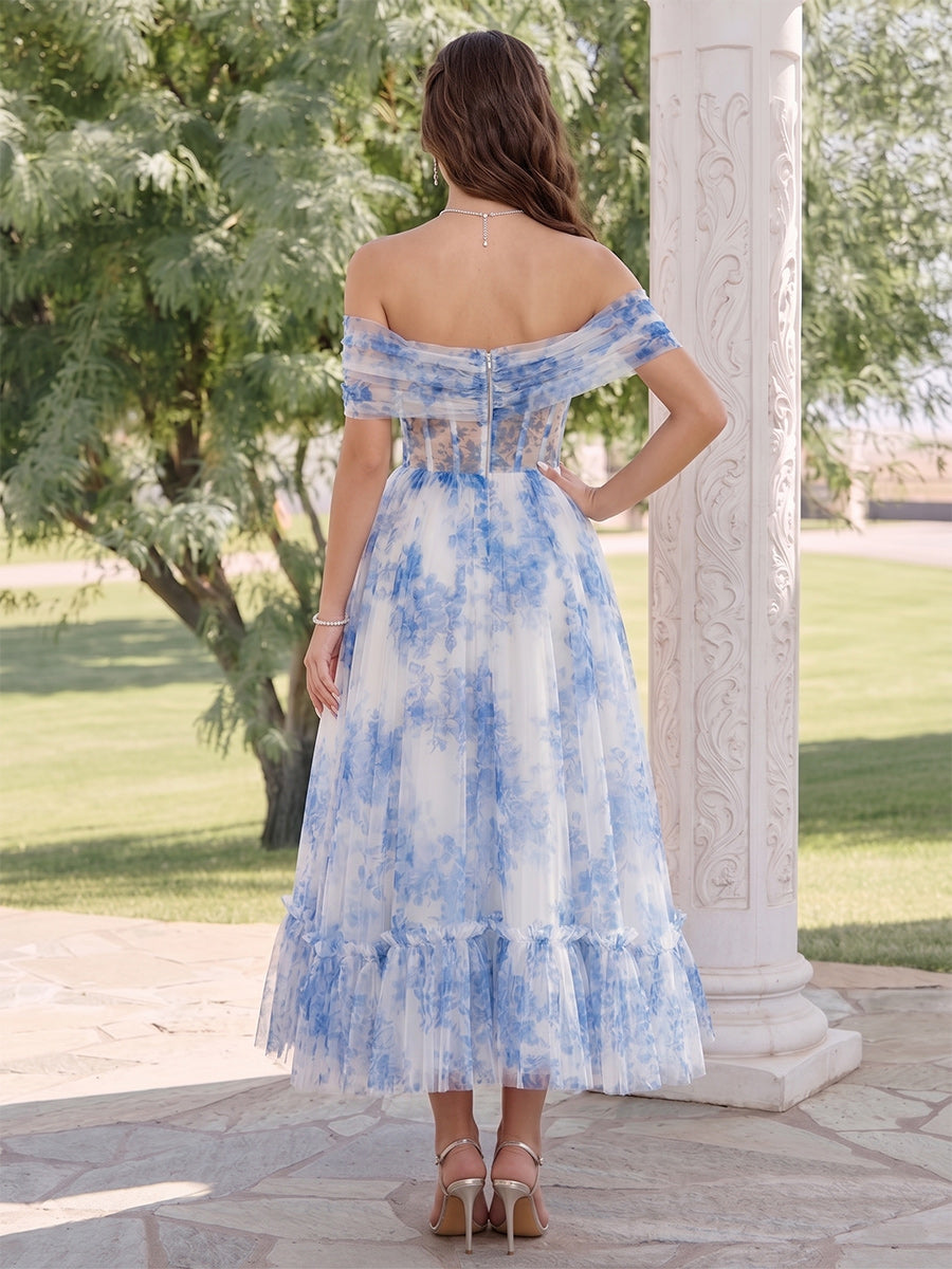 A-Line/Princess Off the Shoulder Short Sleeves Tea-Length Wedding Guest Dresses with Ruched &amp; Pleats