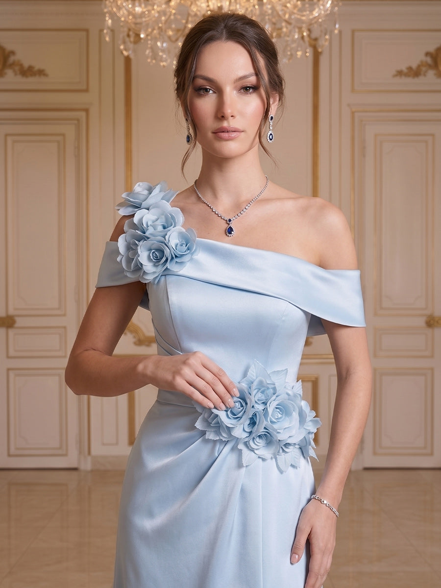 A-Line/Princess Off-The-Shoulder Sleeveless Floor-Length Evening Dresses with 3D Floral &amp; Pleated