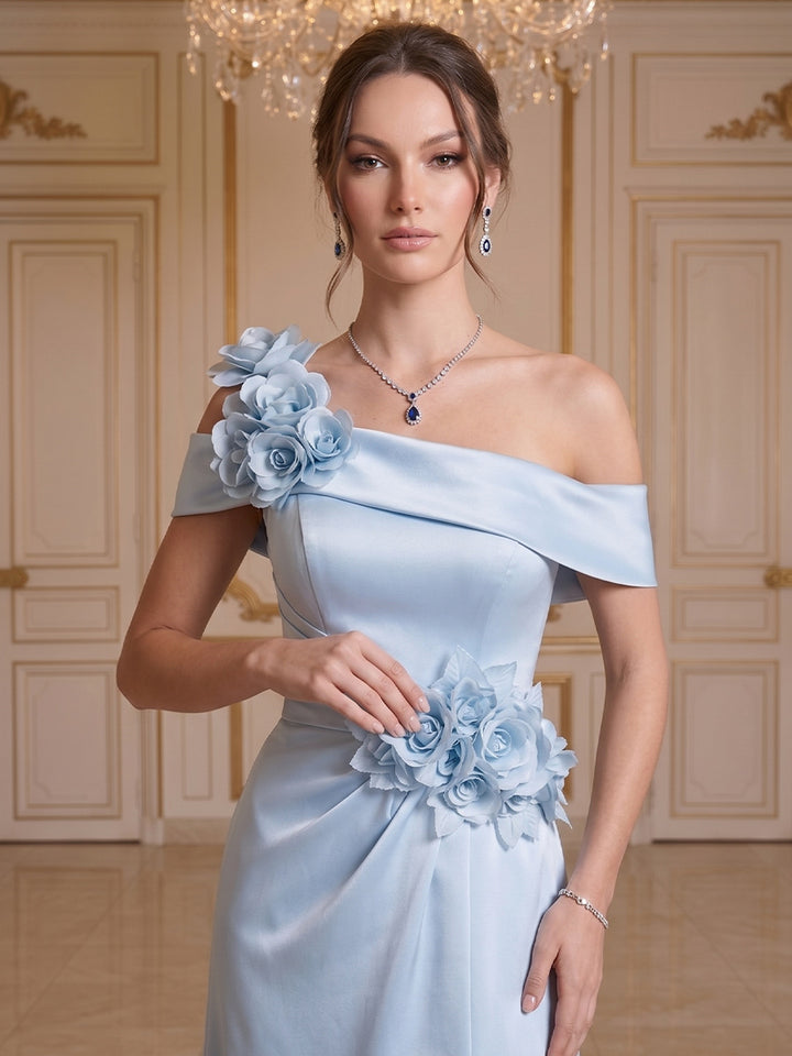A-Line/Princess Off-The-Shoulder Sleeveless Floor-Length Evening Dresses with 3D Floral &amp; Pleated