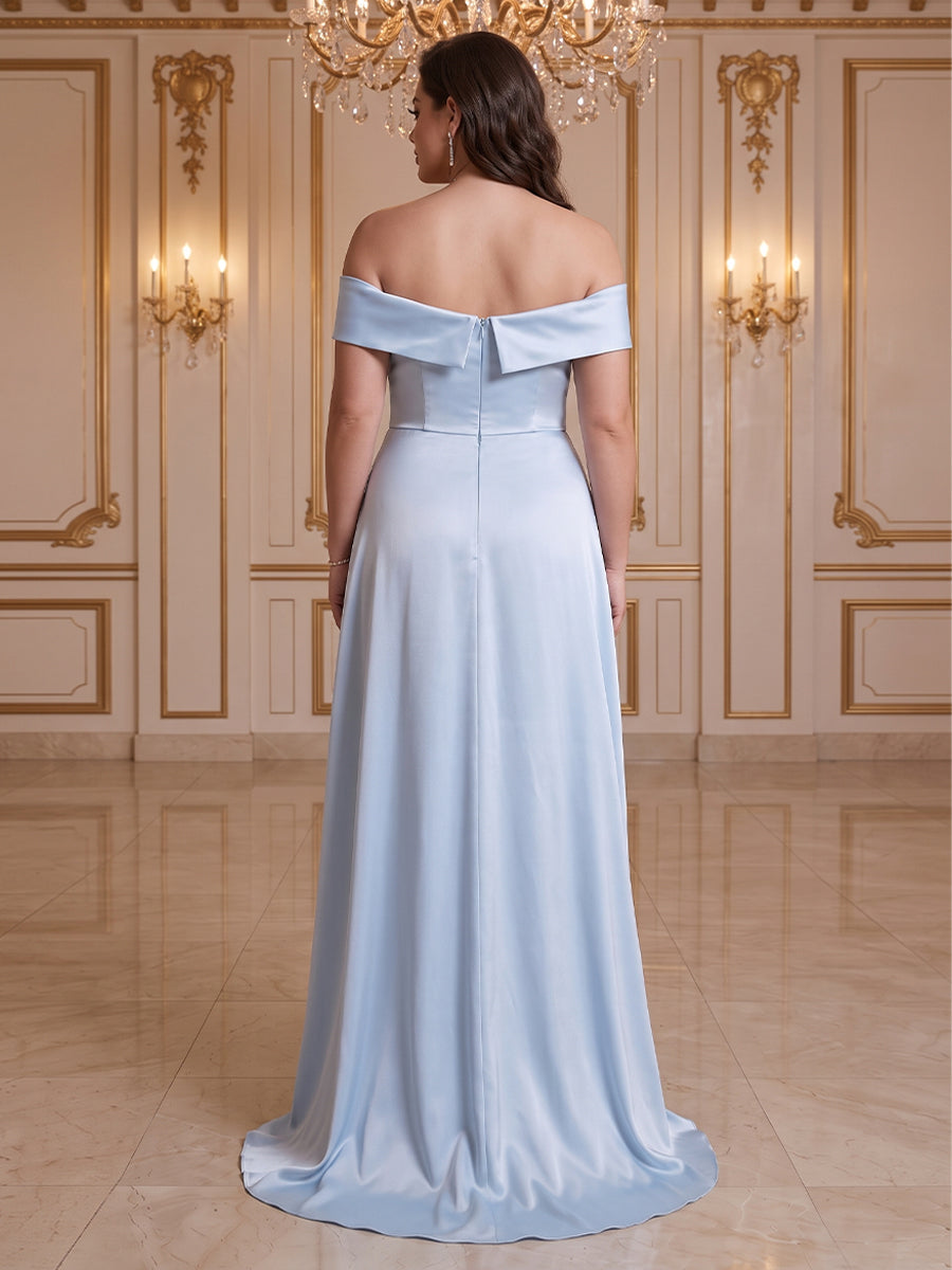 A-Line/Princess Off-The-Shoulder Sleeveless Floor-Length Plus Size Evening Dresses with 3D Floral &amp; Pleated