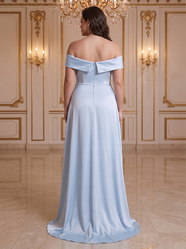 A-Line/Princess Off-The-Shoulder Sleeveless Floor-Length Plus Size Evening Dresses with 3D Floral &amp; Pleated