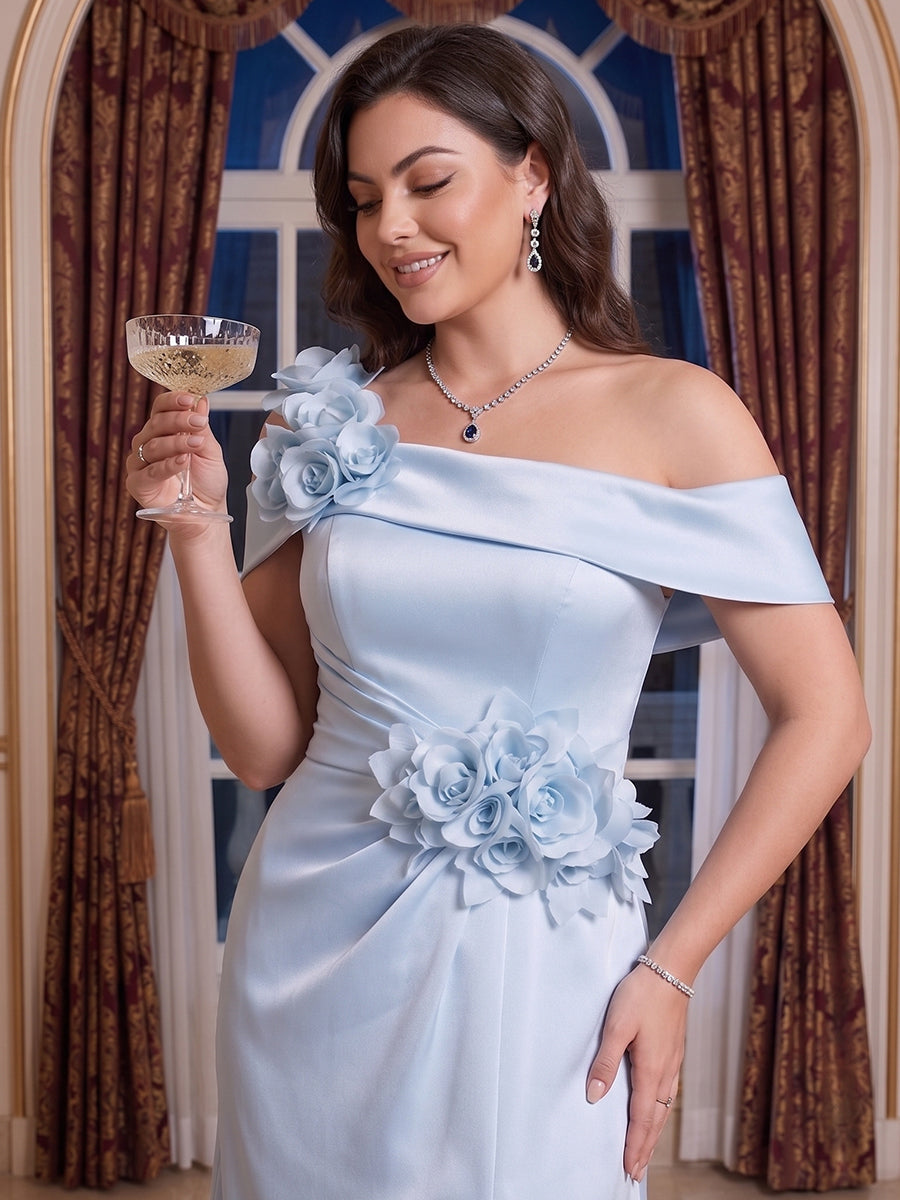 A-Line/Princess Off-The-Shoulder Sleeveless Floor-Length Plus Size Evening Dresses with 3D Floral &amp; Pleated