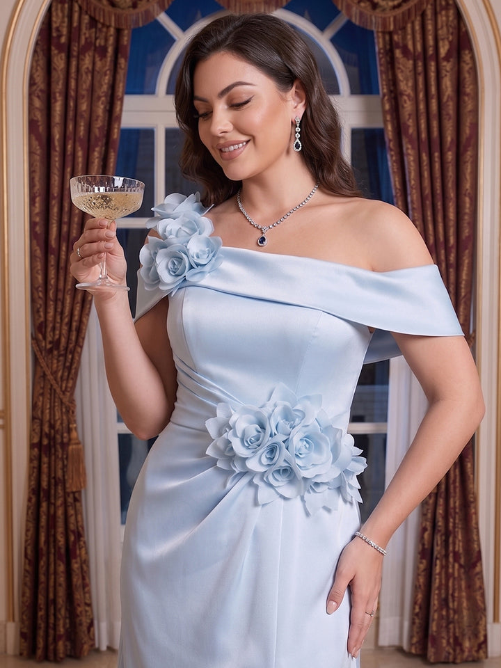 A-Line/Princess Off-The-Shoulder Sleeveless Floor-Length Plus Size Evening Dresses with 3D Floral &amp; Pleated