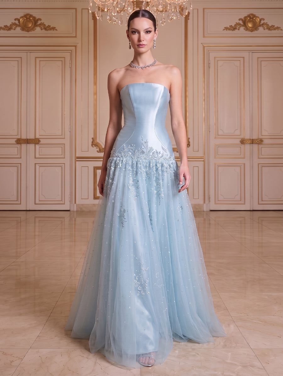 A-Line/Princess Strapless Sleeveless Floor-Length Evening Dresses with Applique & Beading