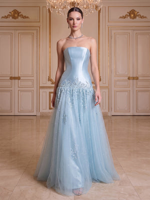 A-Line/Princess Strapless Sleeveless Floor-Length Evening Dresses with Applique & Beading