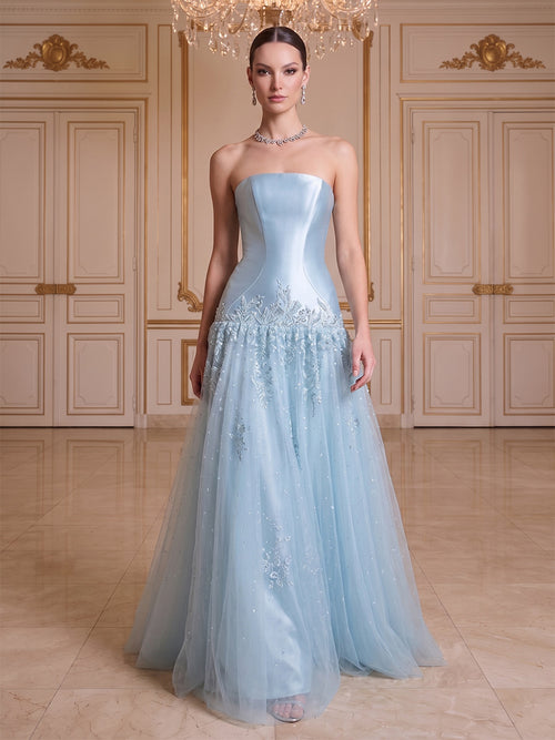 A-Line/Princess Strapless Sleeveless Floor-Length Evening Dresses with Applique & Beading