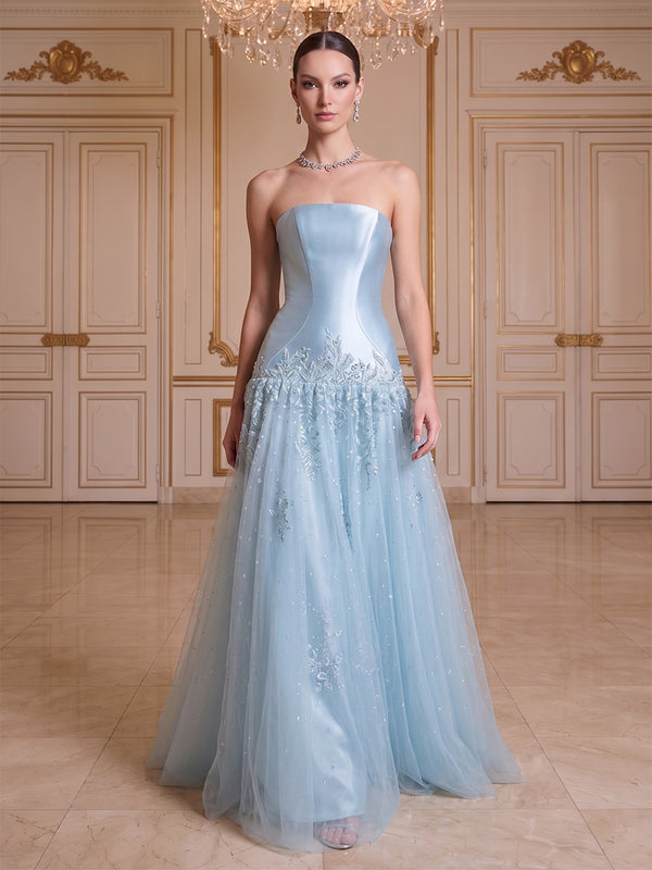 A-Line/Princess Strapless Sleeveless Floor-Length Evening Dresses with Applique & Beading