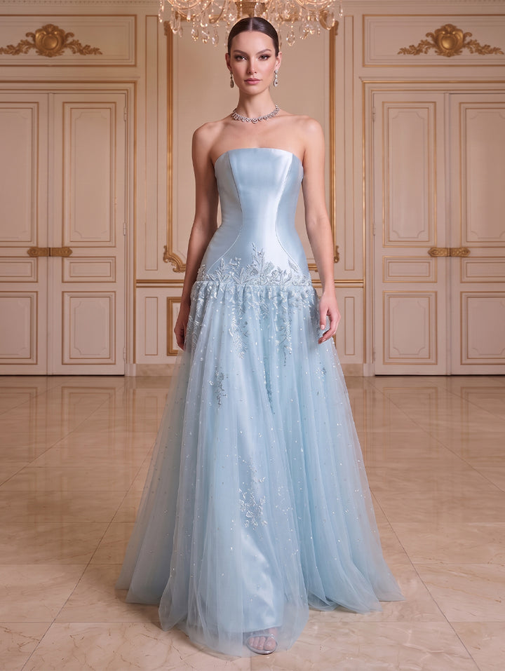 A-Line/Princess Strapless Sleeveless Floor-Length Evening Dresses with Applique &amp; Beading