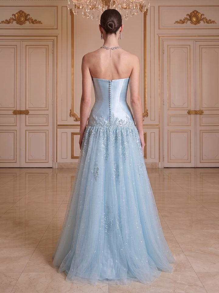 A-Line/Princess Strapless Sleeveless Floor-Length Evening Dresses with Applique &amp; Beading