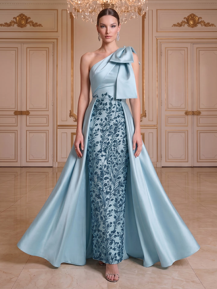 Trumpet/Mermaid One-Shoulder Sleeveless Floor-Length Evening Dresses with Bowknot &amp; Embroidery