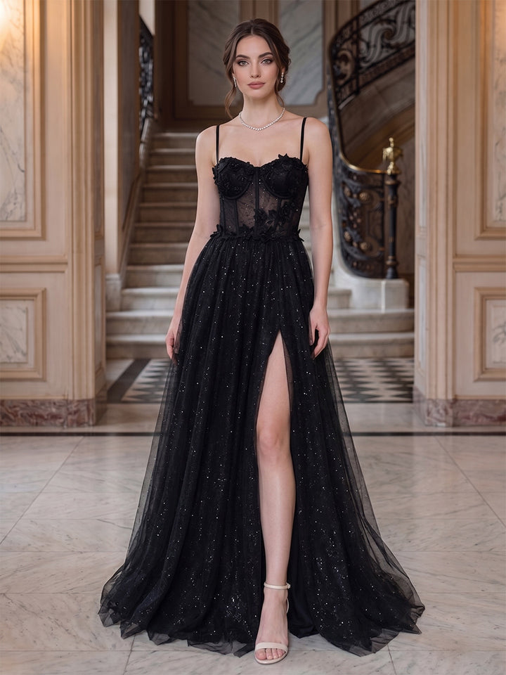 A-Line/Princess Spaghetti Straps Sleeveless Floor-Length Evening Dresses with Applique &amp; Lace