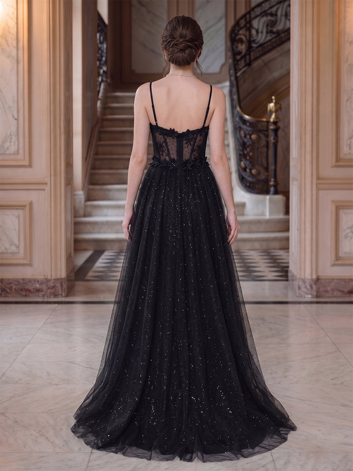 A-Line/Princess Spaghetti Straps Sleeveless Floor-Length Evening Dresses with Applique &amp; Lace