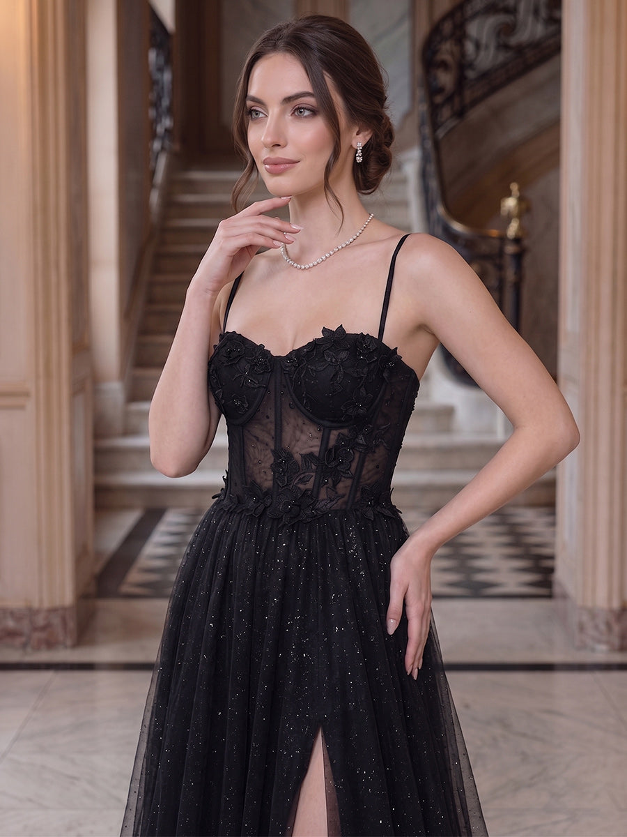 A-Line/Princess Spaghetti Straps Sleeveless Floor-Length Evening Dresses with Applique &amp; Lace