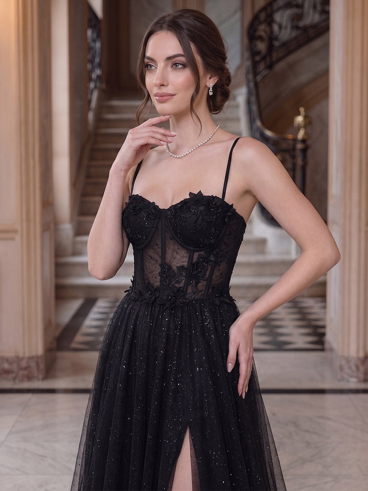 A-Line/Princess Spaghetti Straps Sleeveless Floor-Length Evening Dresses with Applique &amp; Lace