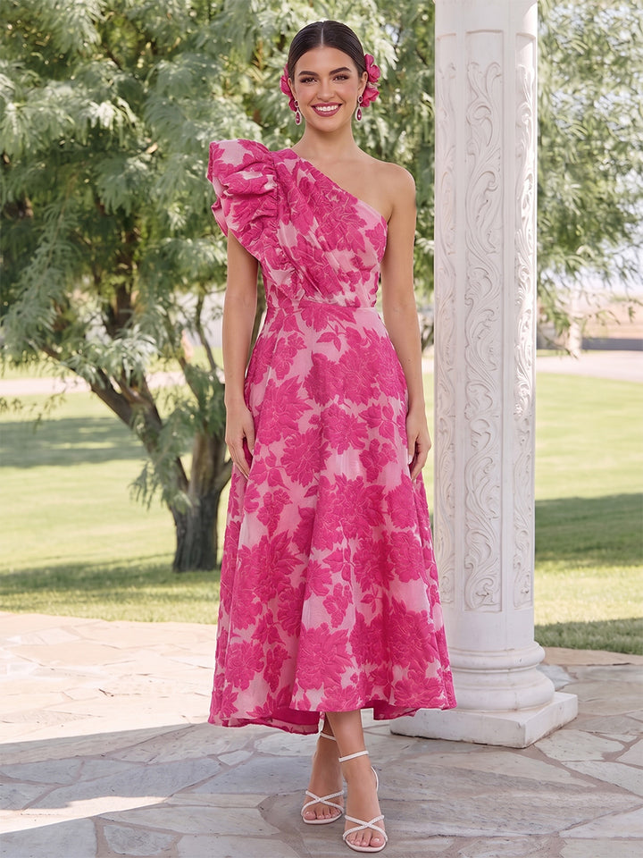 A-Line/Princess One-Shoulder Sleeveless Ankle-Length Wedding Guest Dresses with Ruched &amp; Ruffles