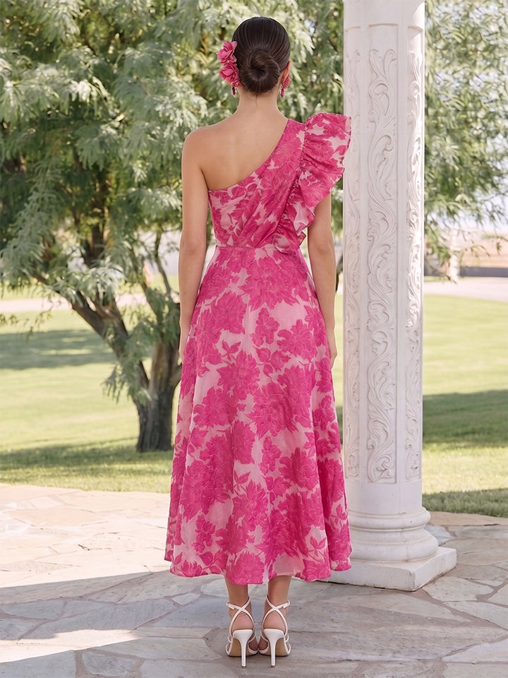 A-Line/Princess One-Shoulder Sleeveless Ankle-Length Wedding Guest Dresses with Ruched &amp; Ruffles
