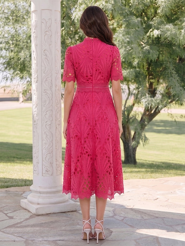 A-Line/Princess High Neck Short Sleeves Tea-Length Wedding Guest Dresses with Ruched &amp; Lace