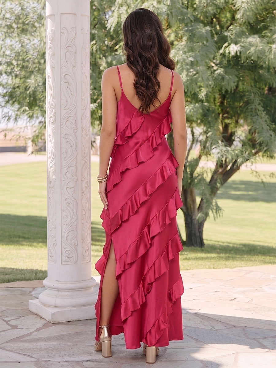Sheath/Column Spaghetti Straps Sleeveless Ankle-Length Wedding Guest Dresses with Split Side &amp; Ruffles