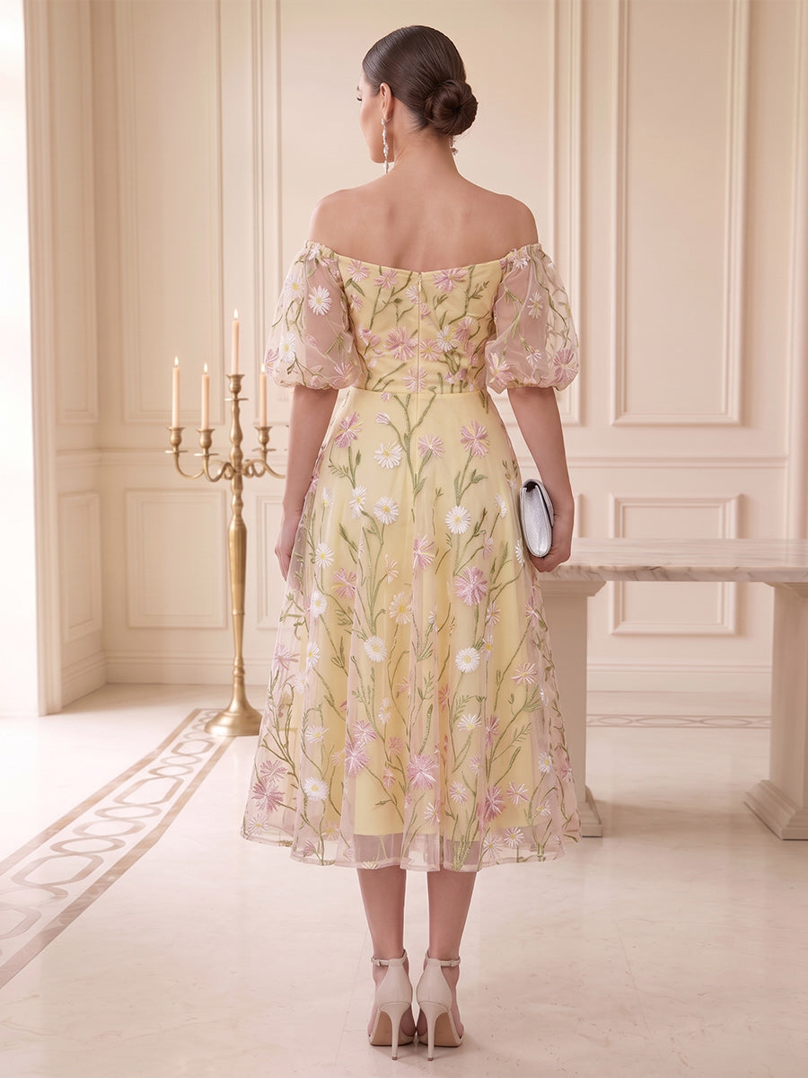 Lavetir A-Line/Princess Strapless Puff Sleeves Tea-Length Wedding Guest Dresses with Applique & Lace 2026