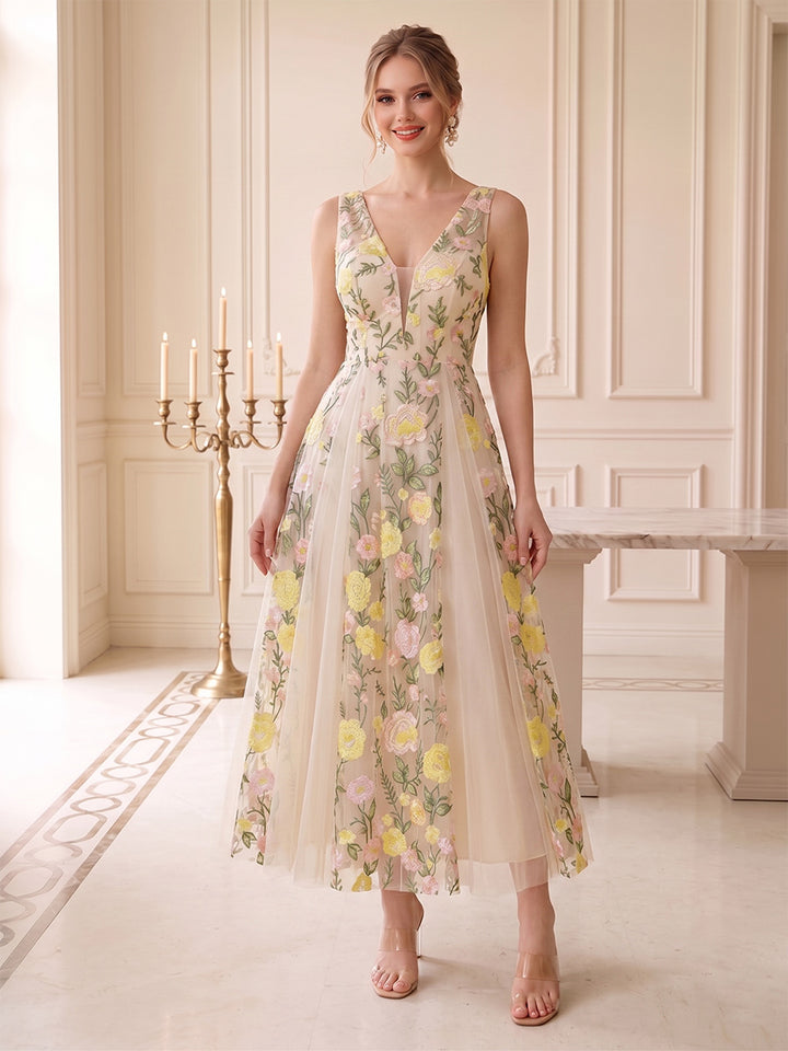 A-Line/Princess V-Neck Sleeveless Ankle-Length Wedding Guest Dresses with Embroidery
