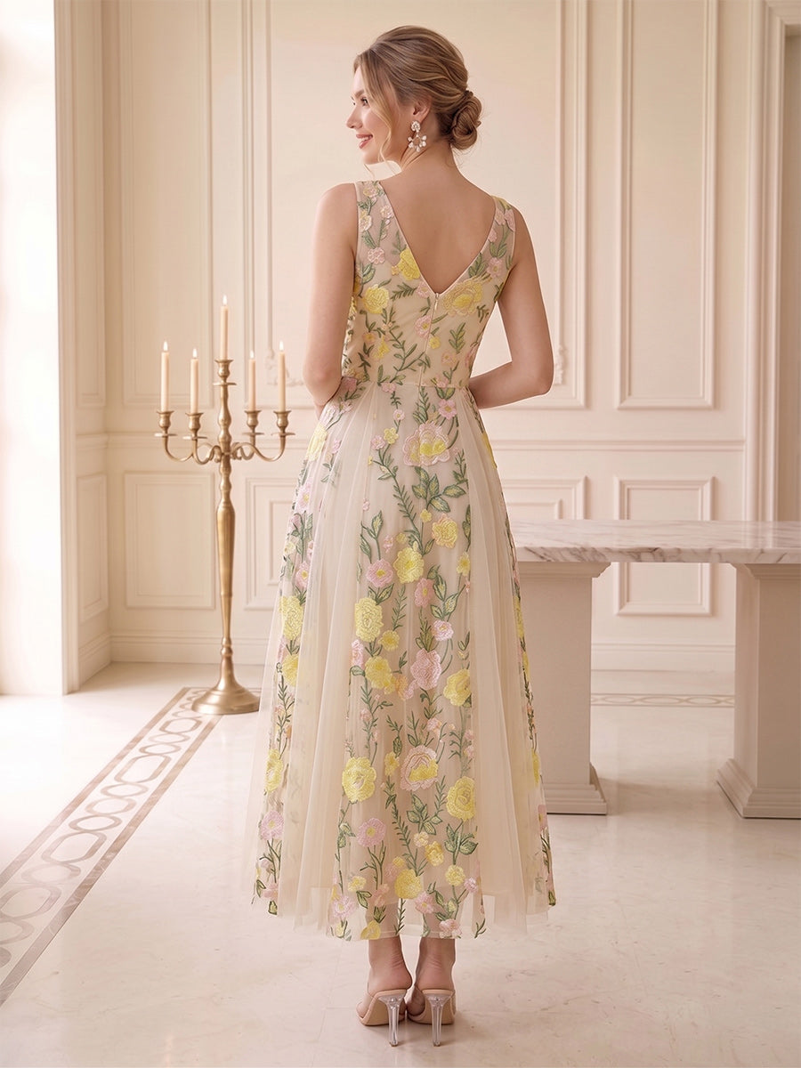 A-Line/Princess V-Neck Sleeveless Ankle-Length Wedding Guest Dresses with Embroidery