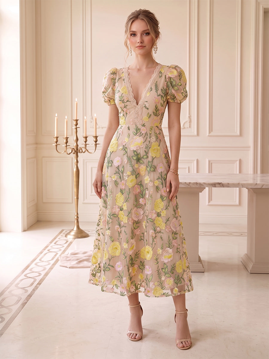 A-Line/Princess V-Neck Puff Sleeves Tea-Length Wedding Guest Dresses with Embroidery