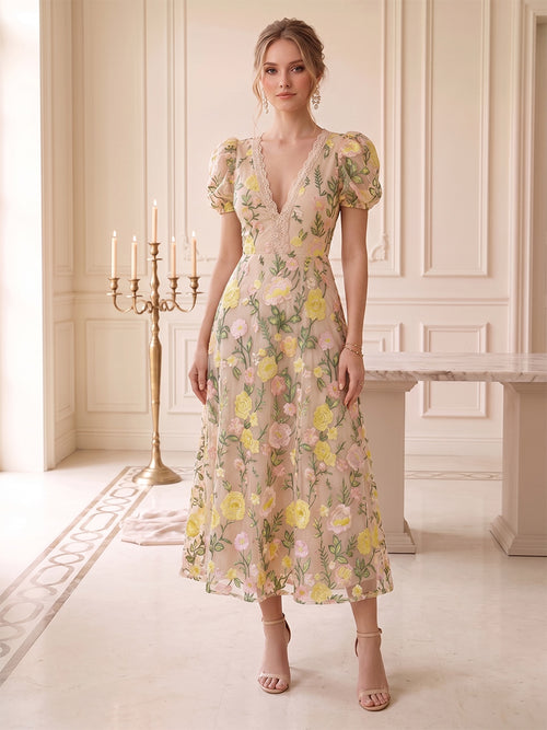 A-Line/Princess V-Neck Puff Sleeves Tea-Length Wedding Guest Dresses with Embroidery