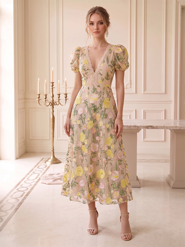 A-Line/Princess V-Neck Puff Sleeves Tea-Length Wedding Guest Dresses with Embroidery