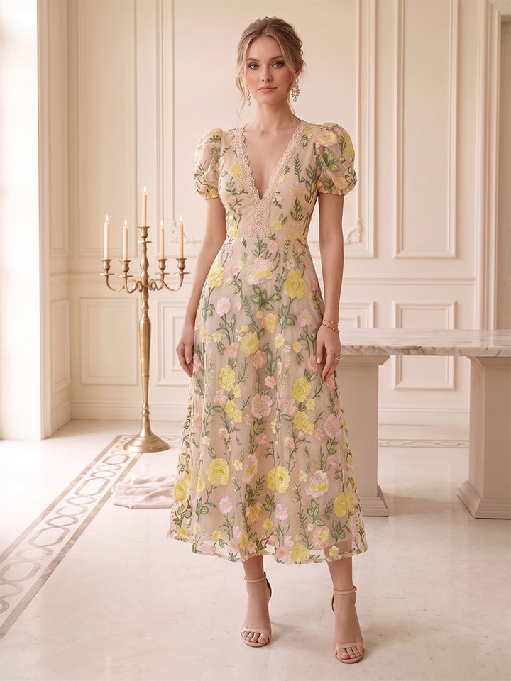 A-Line/Princess V-Neck Puff Sleeves Tea-Length Wedding Guest Dresses with Embroidery