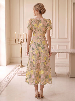 A-Line/Princess V-Neck Puff Sleeves Tea-Length Wedding Guest Dresses with Embroidery