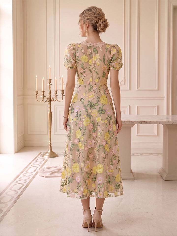 A-Line/Princess V-Neck Puff Sleeves Tea-Length Wedding Guest Dresses with Embroidery