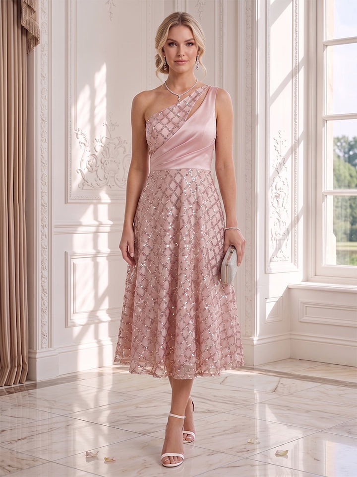 A-Line/Princess One-Shoulder Sleeveless Tea-Length Wedding Guest Dresses with Ruched &amp; Sequins