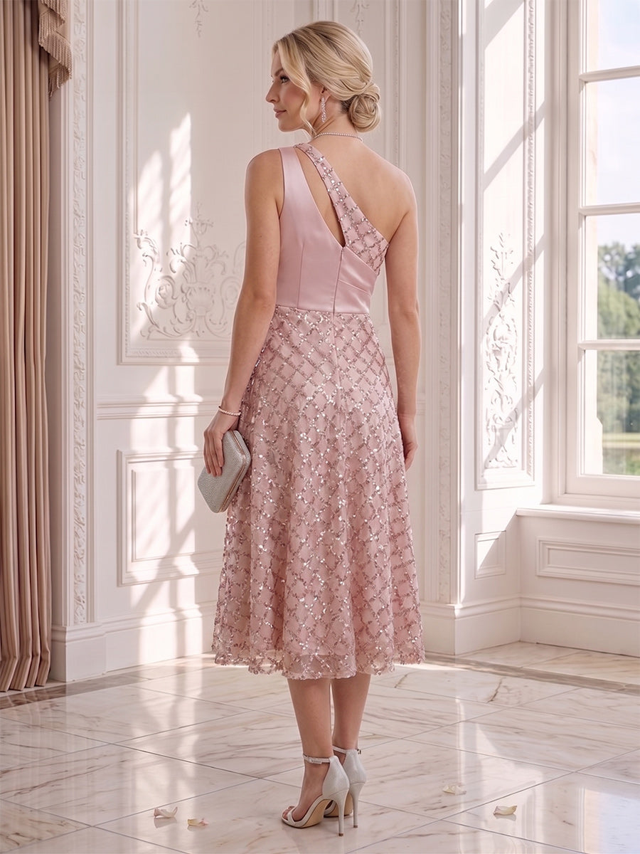 A-Line/Princess One-Shoulder Sleeveless Tea-Length Wedding Guest Dresses with Ruched &amp; Sequins