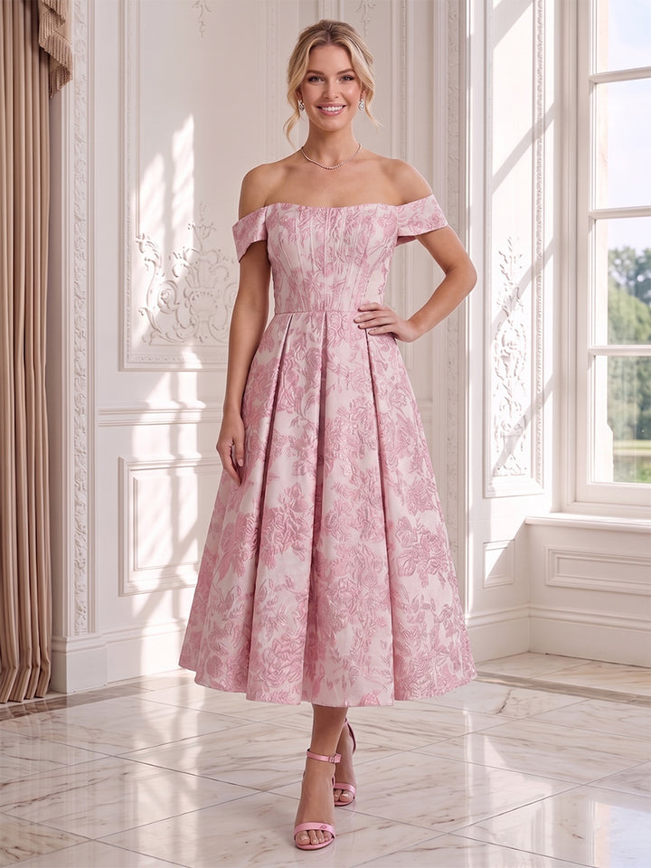 A-Line/Princess Off the Shoulder Sleeveless Tea-Length Wedding Guest Dresses with Ruched