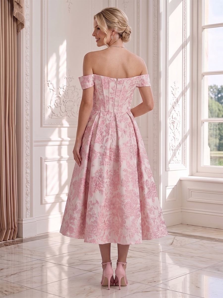 A-Line/Princess Off the Shoulder Sleeveless Tea-Length Wedding Guest Dresses with Ruched