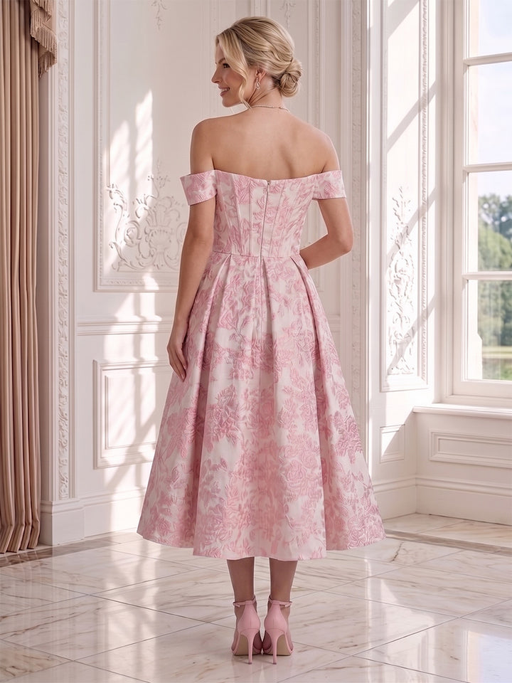 A-Line/Princess Off the Shoulder Sleeveless Tea-Length Wedding Guest Dresses with Ruched