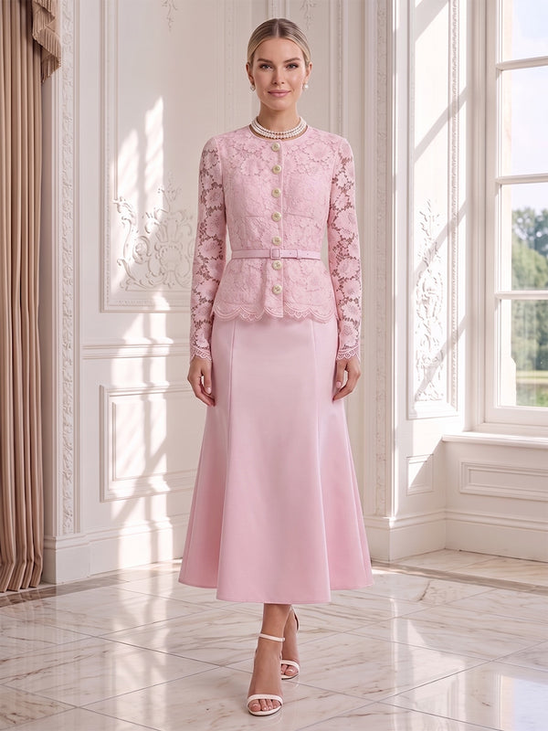 Trumpet/Mermaid 2 Pieces Scoop Long Sleeves Tea-Length Wedding Guest Dresses with Belt & Lace