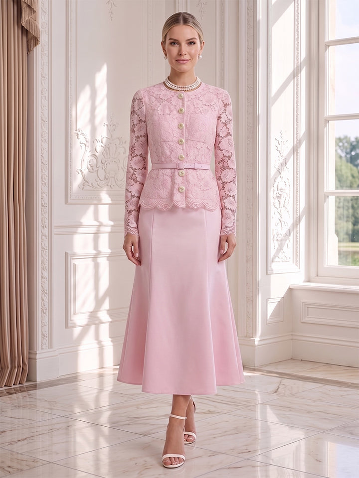 Trumpet/Mermaid 2 Pieces Scoop Long Sleeves Tea-Length Wedding Guest Dresses with Belt &amp; Lace