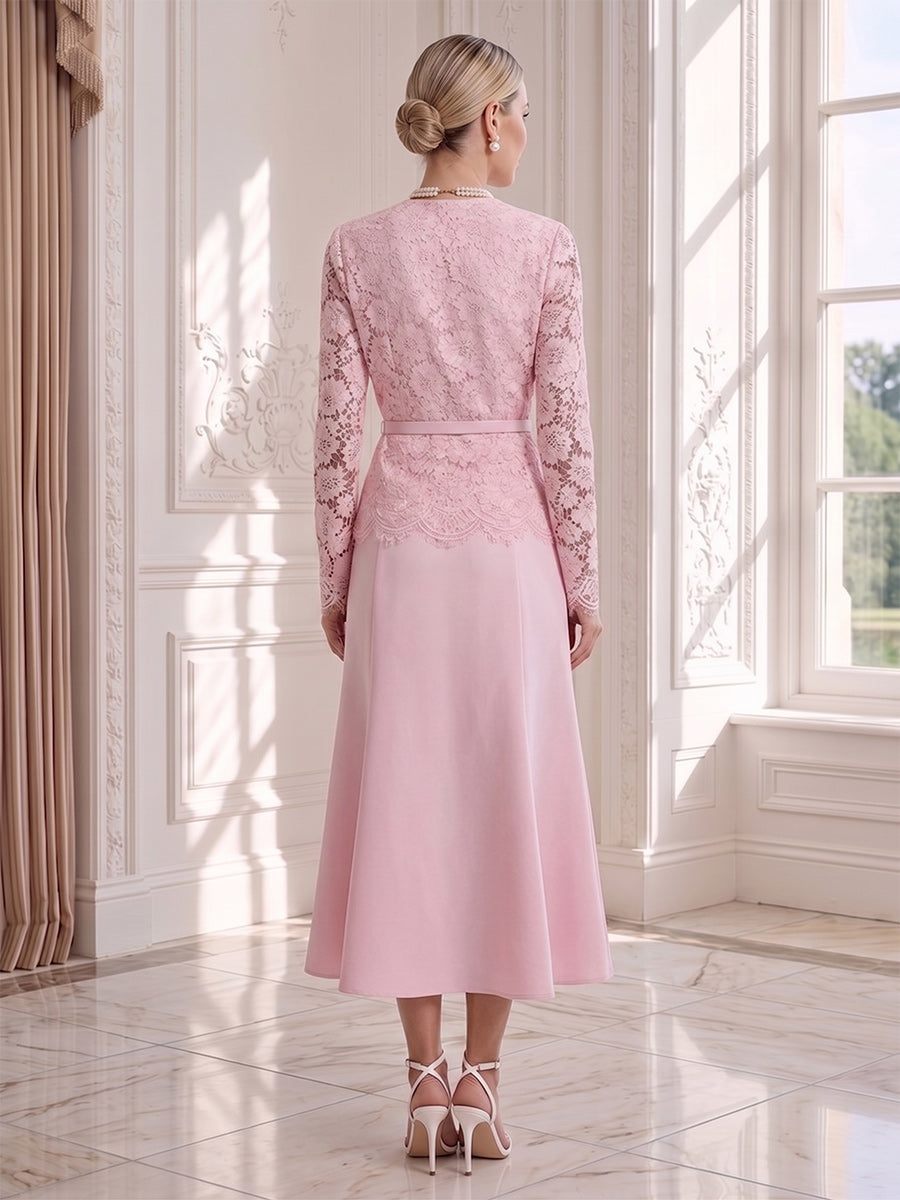 Trumpet/Mermaid 2 Pieces Scoop Long Sleeves Tea-Length Wedding Guest Dresses with Belt &amp; Lace