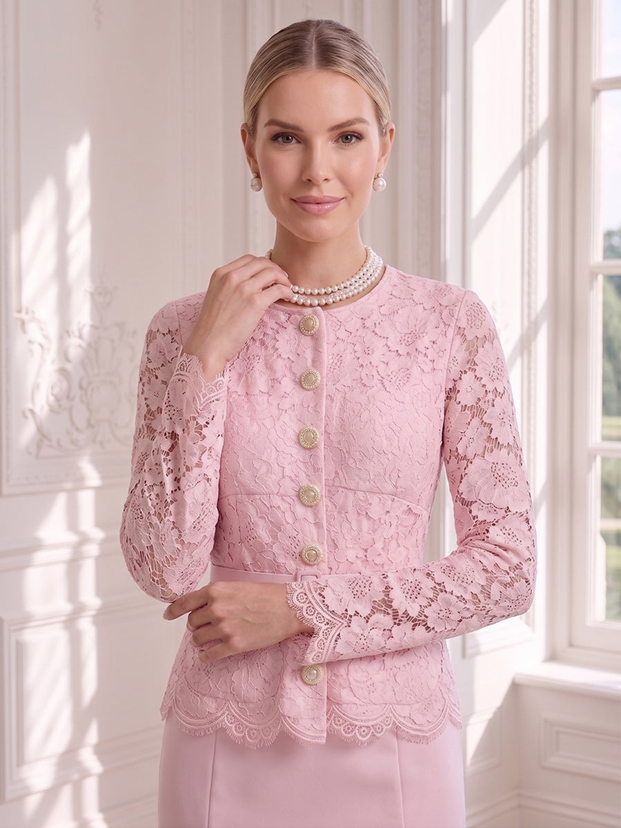 Trumpet/Mermaid 2 Pieces Scoop Long Sleeves Tea-Length Wedding Guest Dresses with Belt &amp; Lace