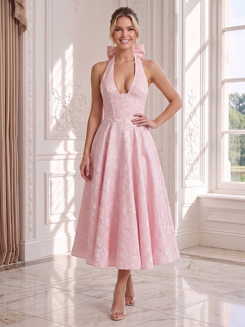 A-Line/Princess Halter Sleeveless Tea-Length Wedding Guest Dresses with Bowknot