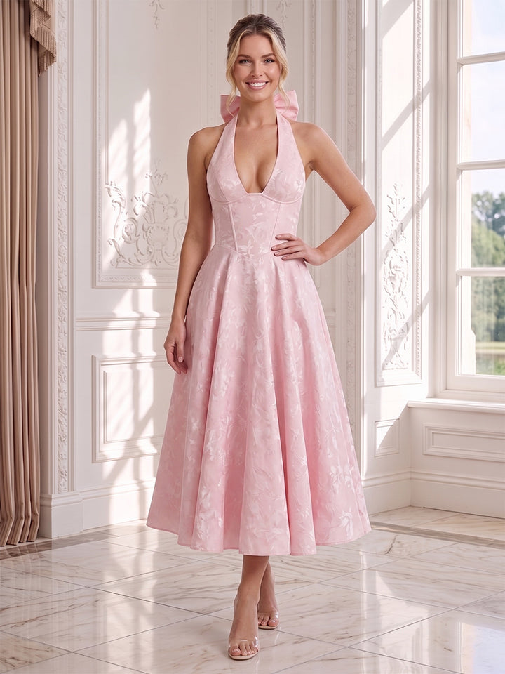 A-Line/Princess Halter Sleeveless Tea-Length Wedding Guest Dresses with Bowknot