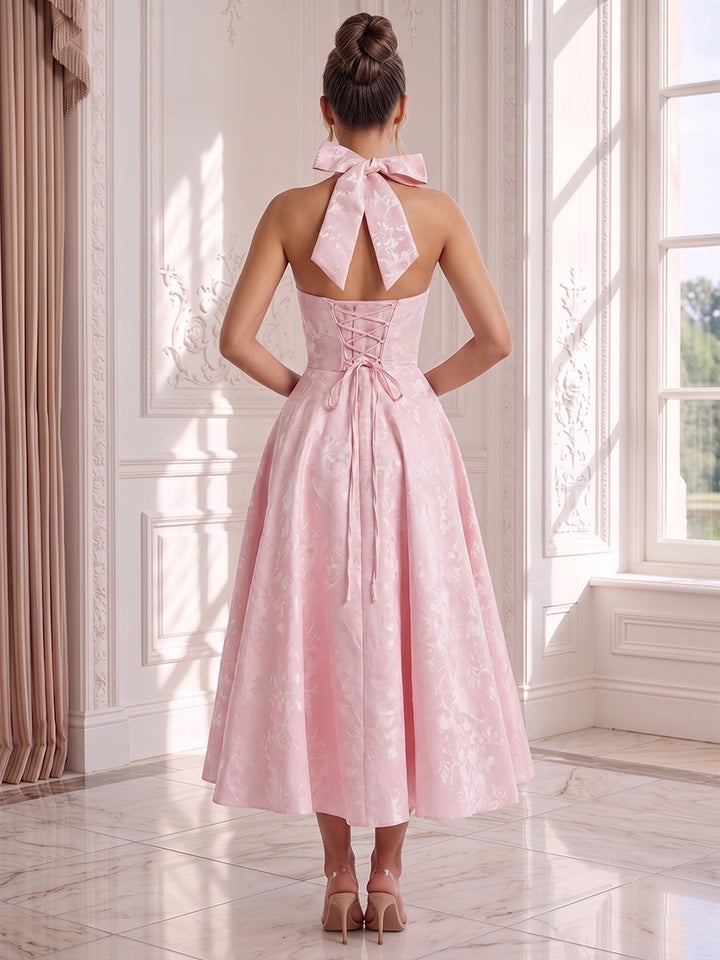 A-Line/Princess Halter Sleeveless Tea-Length Wedding Guest Dresses with Bowknot