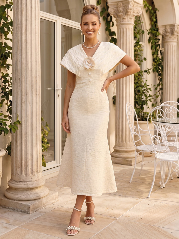 Trumpet/Mermaid V-Neck Short Sleeves Tea-Length Wedding Guest Dresses with 3D Floral