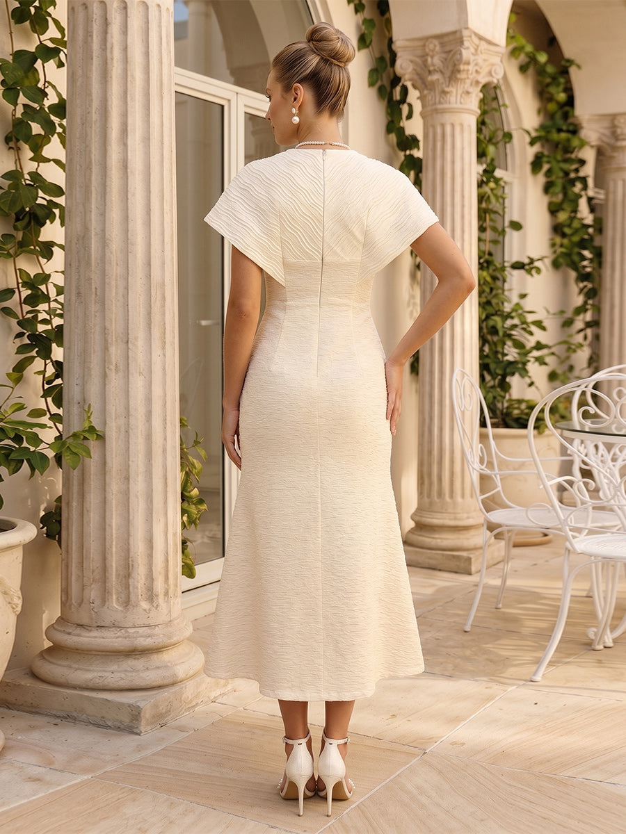 Trumpet/Mermaid V-Neck Short Sleeves Tea-Length Wedding Guest Dresses with 3D Floral